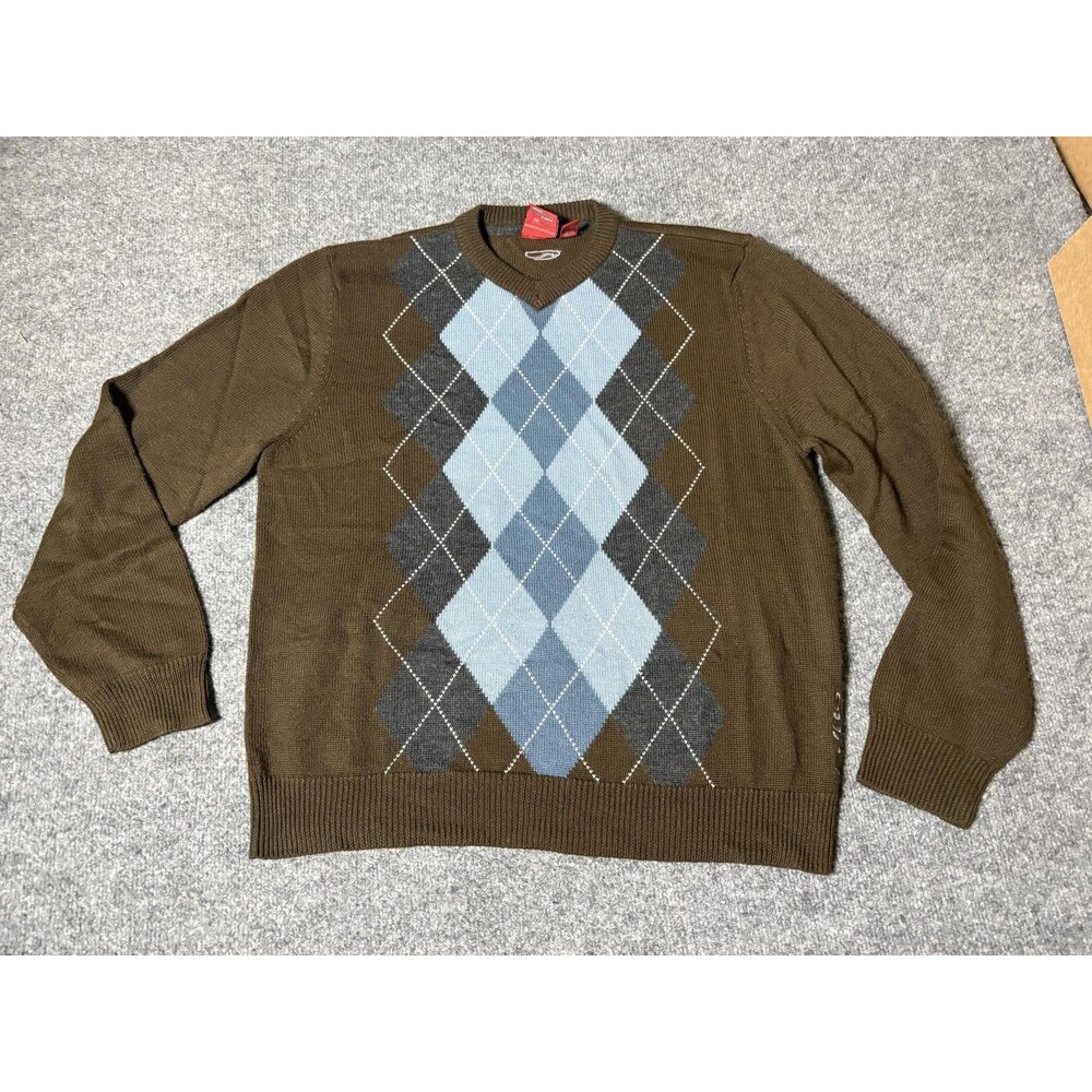Vans Sweater Mens M Brown Argyle V-Neck Acrylic Wool Knit Pullover Long Sleeve
